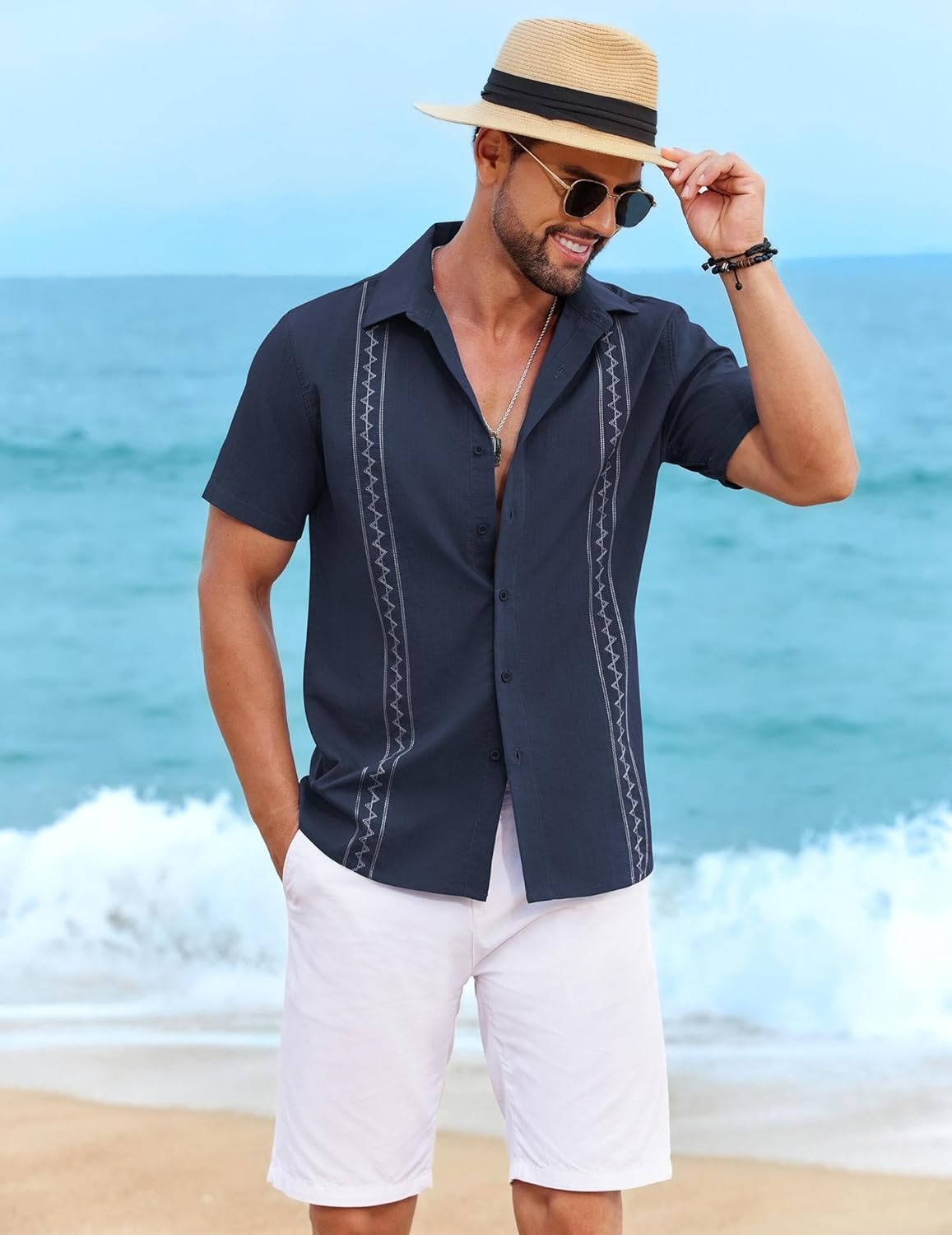 image:imageCOOFANDY Mens Cuban Guayabera Shirt Short Sleeve Casual Button Down Shirts Summer Beach Vacation ShirtsDark Navy