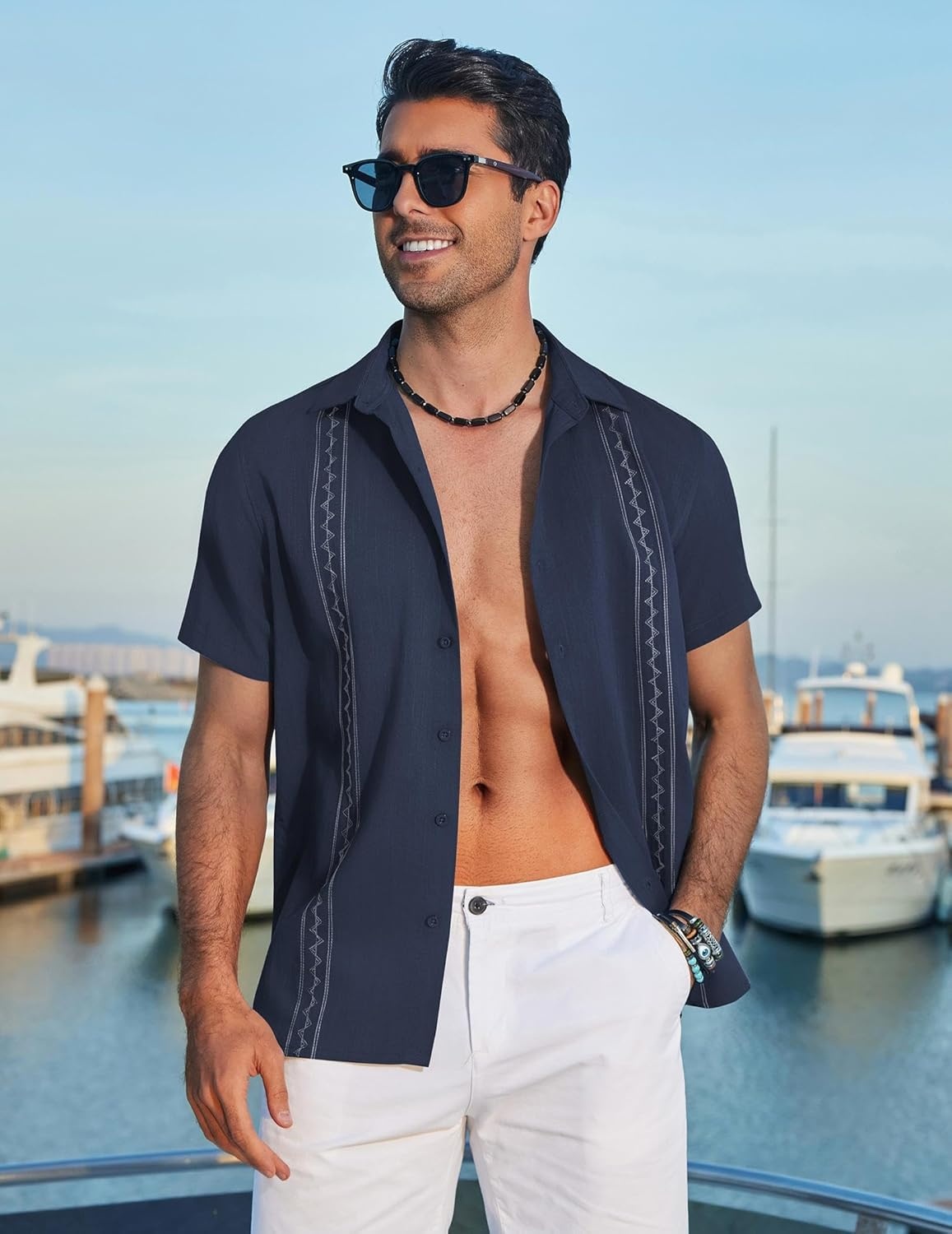 image:imageCOOFANDY Mens Cuban Guayabera Shirt Short Sleeve Casual Button Down Shirts Summer Beach Vacation ShirtsDark Navy