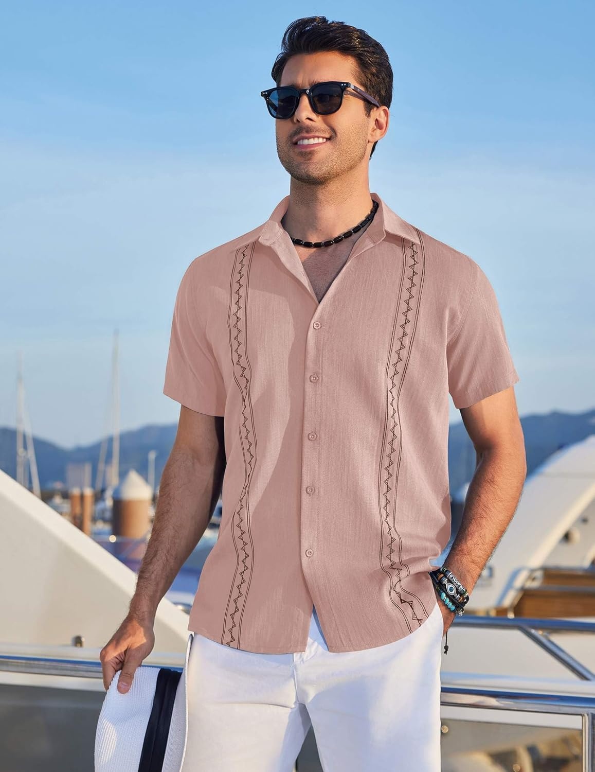 image:imageCOOFANDY Mens Cuban Guayabera Shirt Short Sleeve Casual Button Down Shirts Summer Beach Vacation ShirtsDusty Rose
