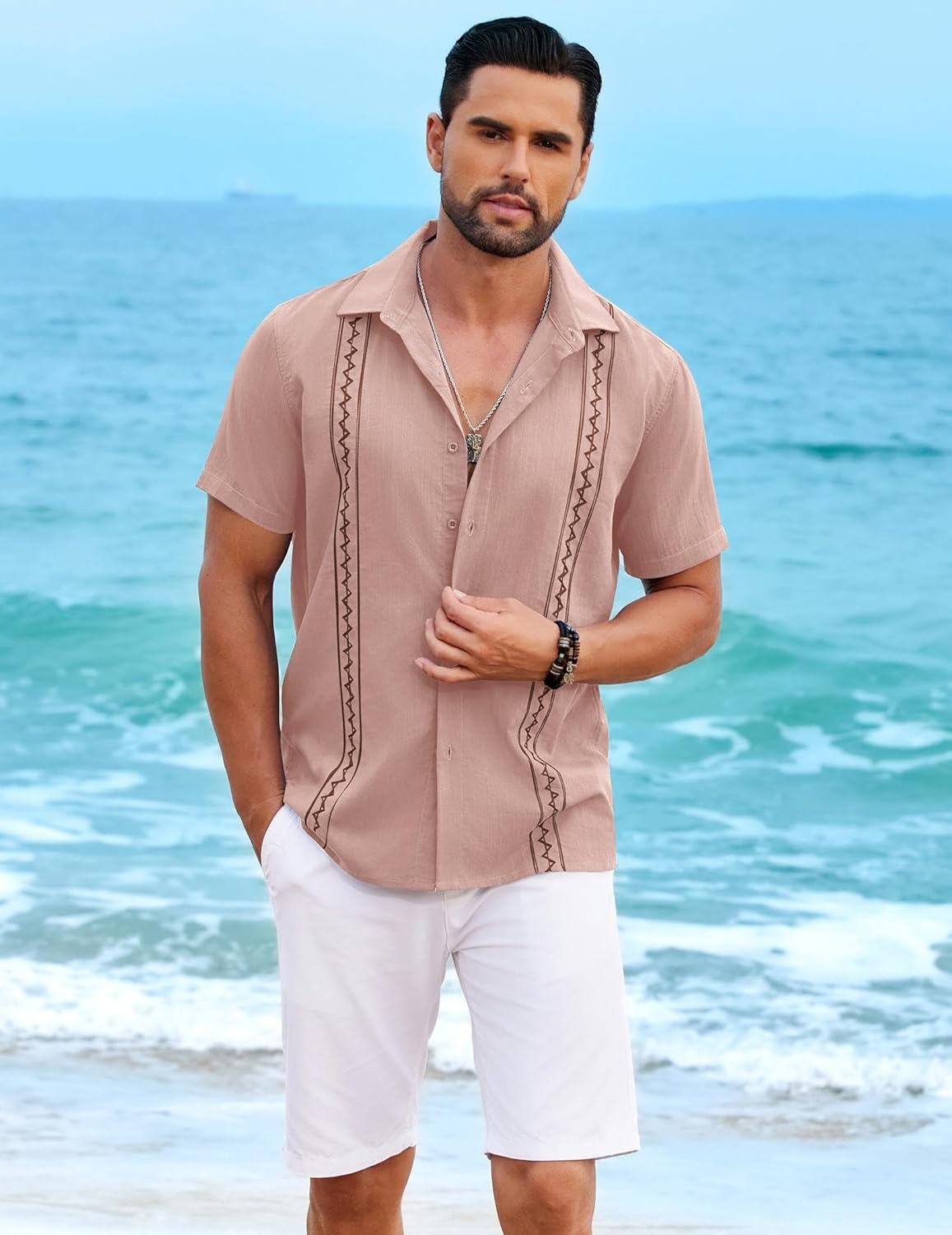 image:imageCOOFANDY Mens Cuban Guayabera Shirt Short Sleeve Casual Button Down Shirts Summer Beach Vacation ShirtsDusty Rose