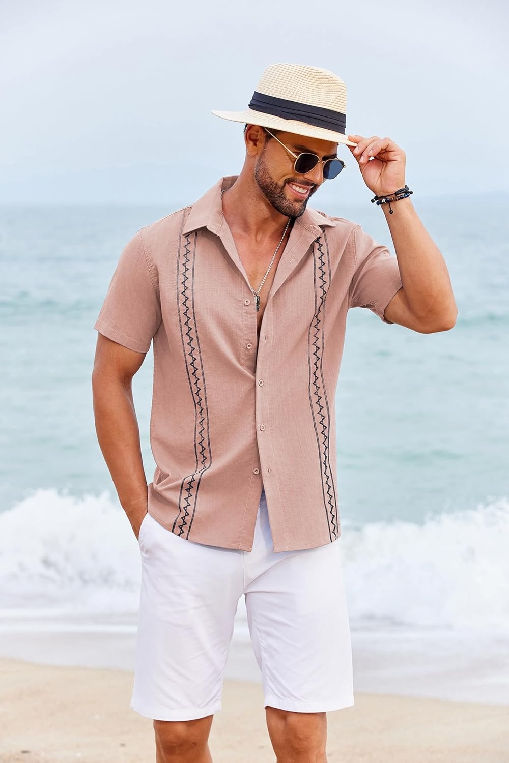 image:imageCOOFANDY Mens Cuban Guayabera Shirt Short Sleeve Casual Button Down Shirts Summer Beach Vacation ShirtsDusty Rose