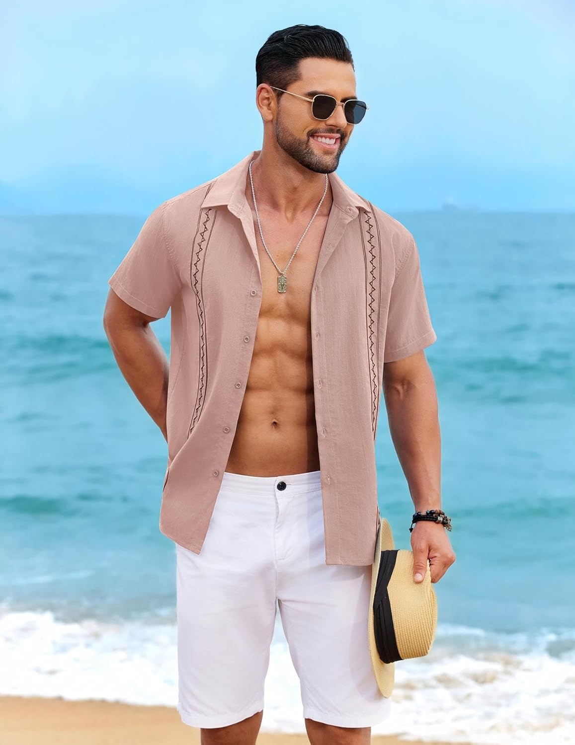 image:imageCOOFANDY Mens Cuban Guayabera Shirt Short Sleeve Casual Button Down Shirts Summer Beach Vacation ShirtsDusty Rose