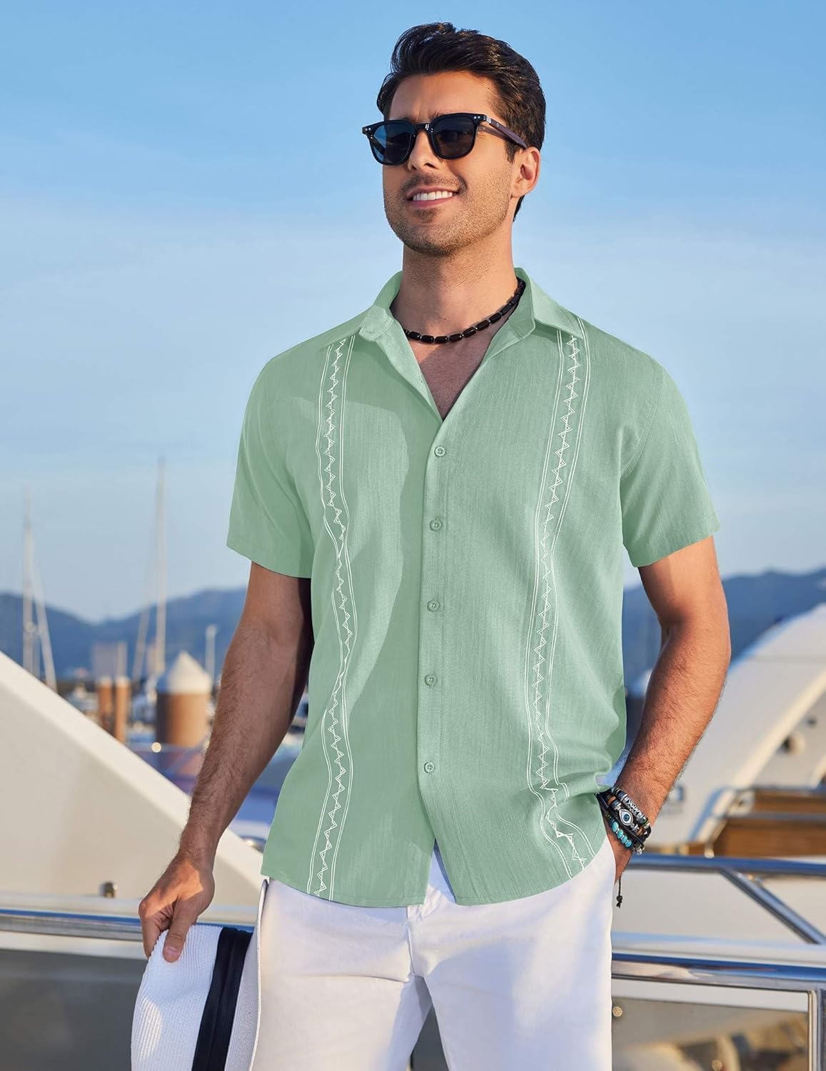 image:imageCOOFANDY Mens Cuban Guayabera Shirt Short Sleeve Casual Button Down Shirts Summer Beach Vacation ShirtsLight Green