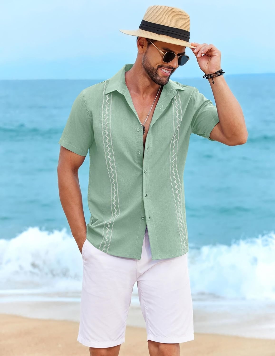 image:imageCOOFANDY Mens Cuban Guayabera Shirt Short Sleeve Casual Button Down Shirts Summer Beach Vacation ShirtsLight Green