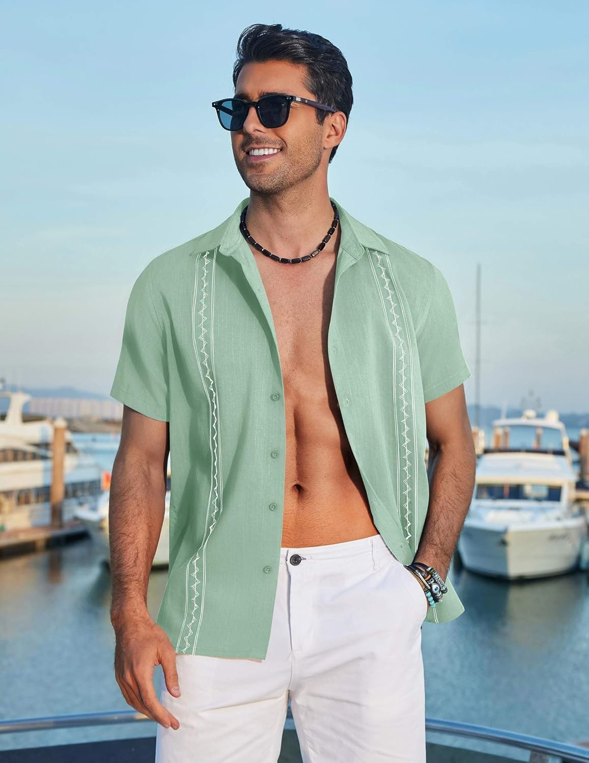 image:imageCOOFANDY Mens Cuban Guayabera Shirt Short Sleeve Casual Button Down Shirts Summer Beach Vacation ShirtsLight Green