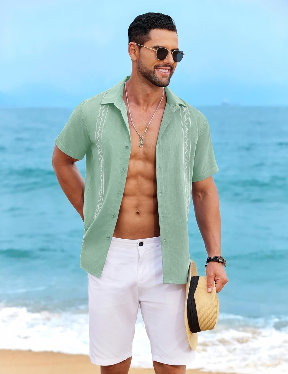 image:imageCOOFANDY Mens Cuban Guayabera Shirt Short Sleeve Casual Button Down Shirts Summer Beach Vacation ShirtsLight Green