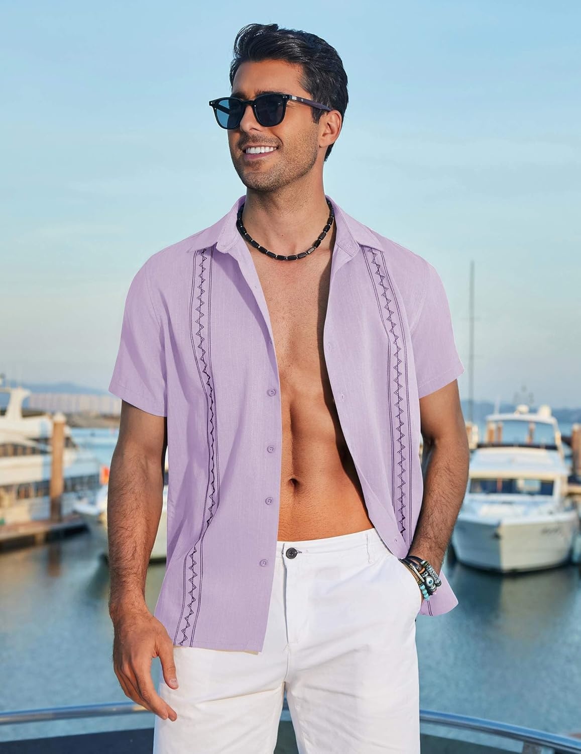 image:imageCOOFANDY Mens Cuban Guayabera Shirt Short Sleeve Casual Button Down Shirts Summer Beach Vacation ShirtsLilac