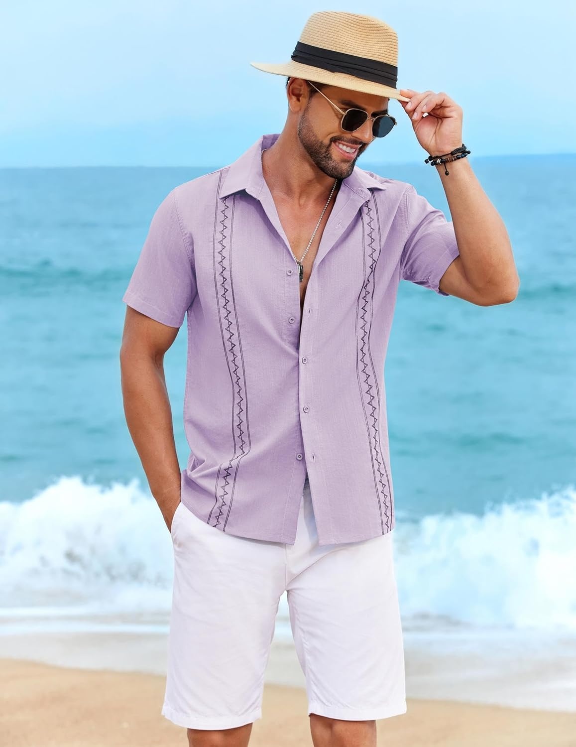 image:imageCOOFANDY Mens Cuban Guayabera Shirt Short Sleeve Casual Button Down Shirts Summer Beach Vacation ShirtsLilac