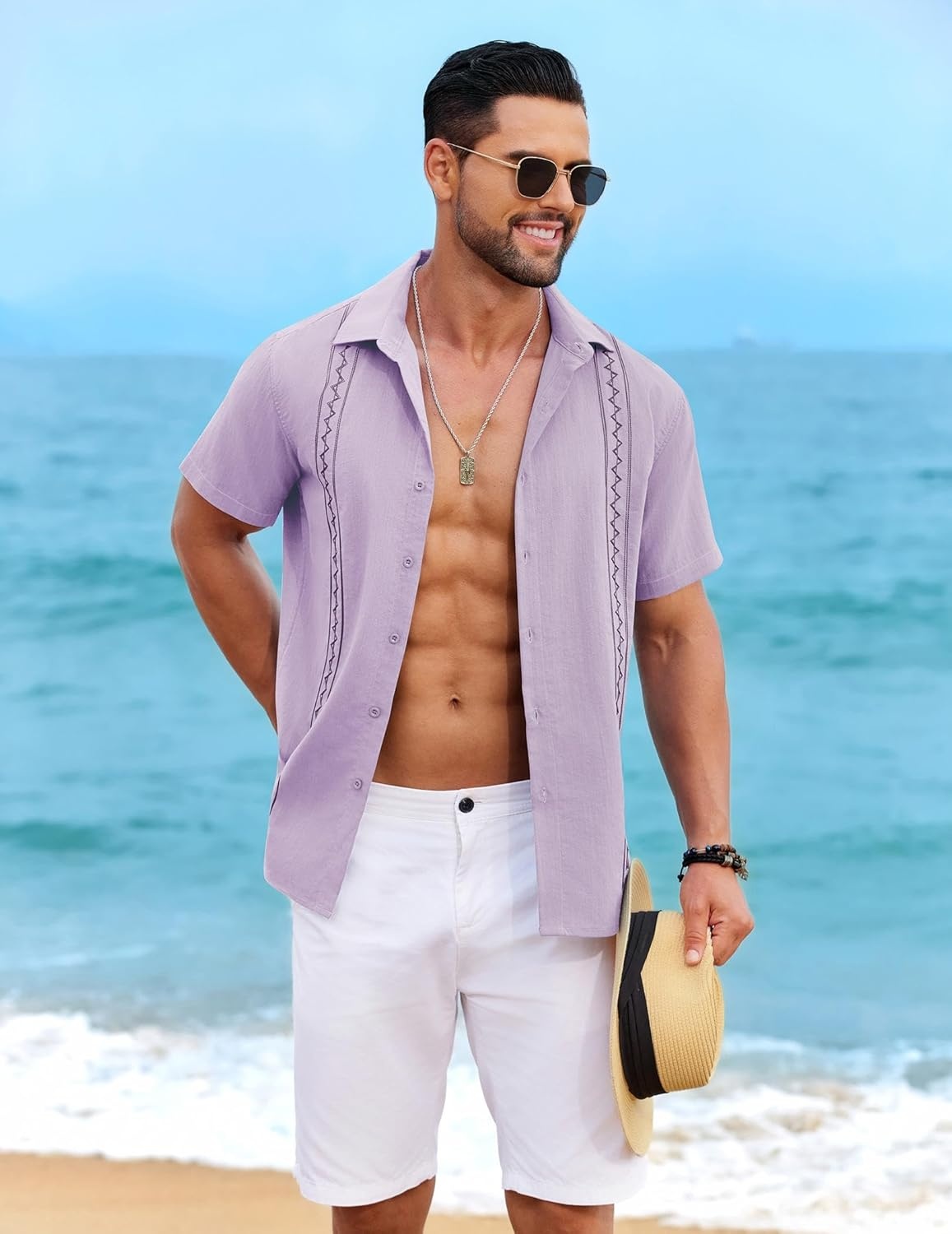 image:imageCOOFANDY Mens Cuban Guayabera Shirt Short Sleeve Casual Button Down Shirts Summer Beach Vacation ShirtsLilac