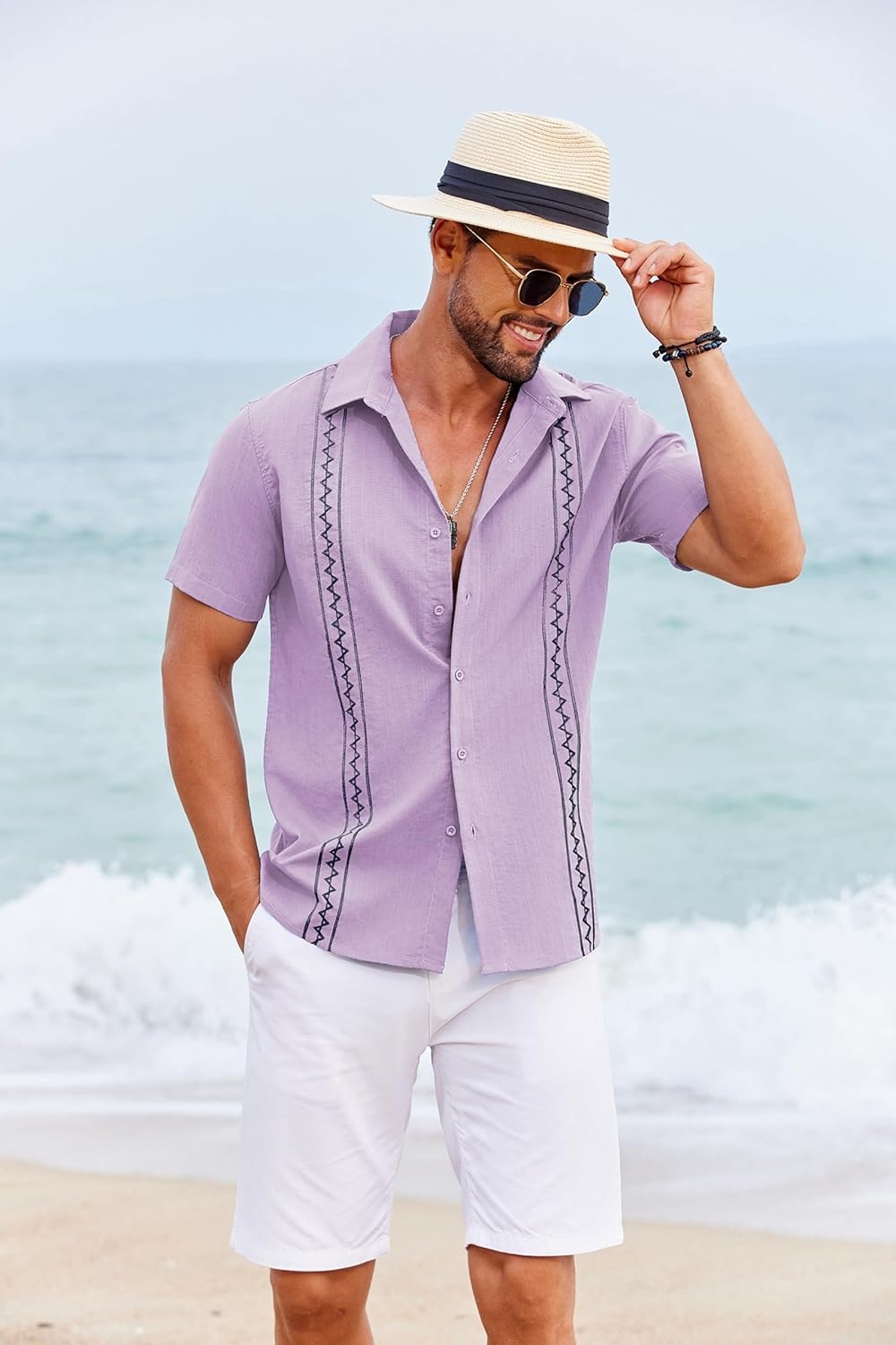 image:imageCOOFANDY Mens Cuban Guayabera Shirt Short Sleeve Casual Button Down Shirts Summer Beach Vacation ShirtsLilac