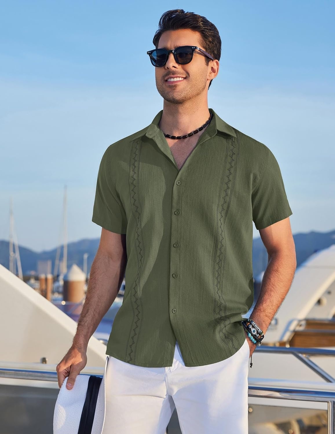 image:imageCOOFANDY Mens Cuban Guayabera Shirt Short Sleeve Casual Button Down Shirts Summer Beach Vacation ShirtsOlive Green