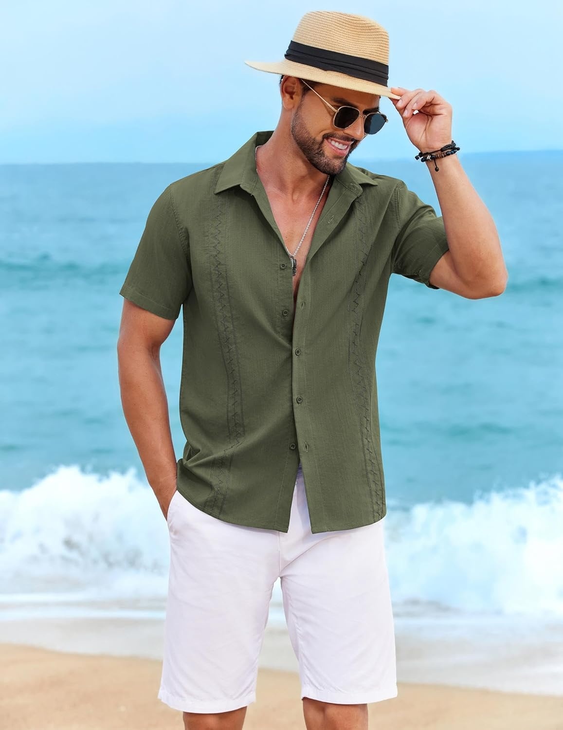 image:imageCOOFANDY Mens Cuban Guayabera Shirt Short Sleeve Casual Button Down Shirts Summer Beach Vacation ShirtsOlive Green