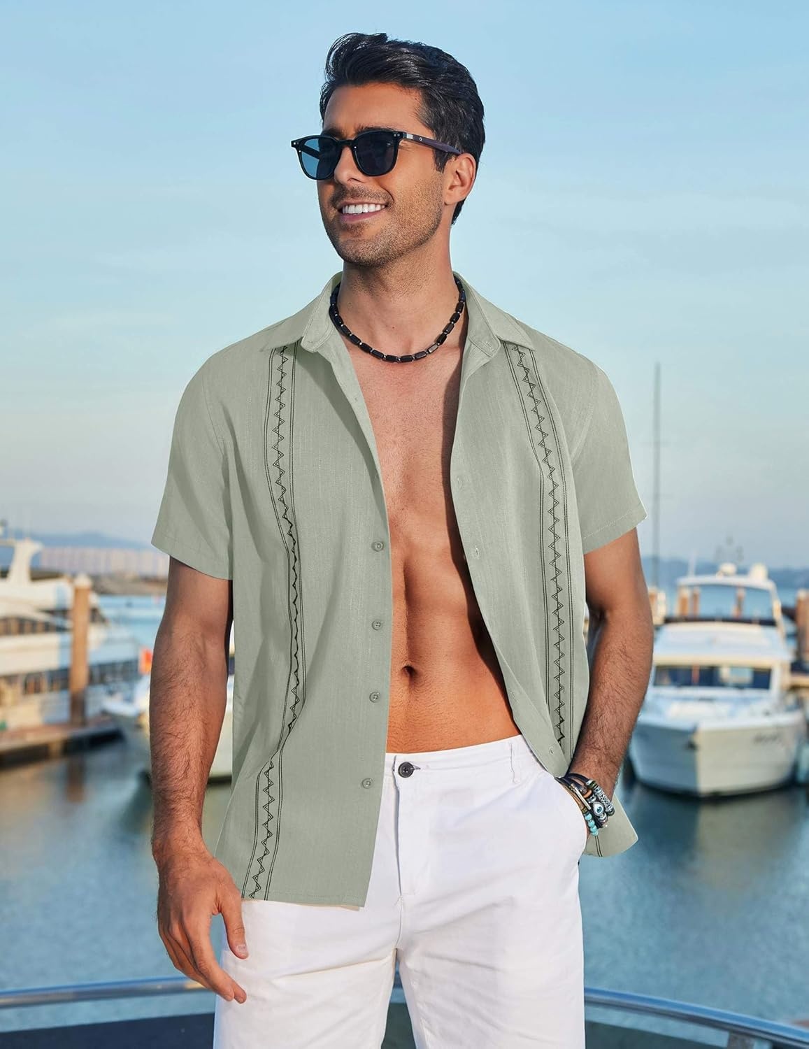 image:imageCOOFANDY Mens Cuban Guayabera Shirt Short Sleeve Casual Button Down Shirts Summer Beach Vacation ShirtsSage Green
