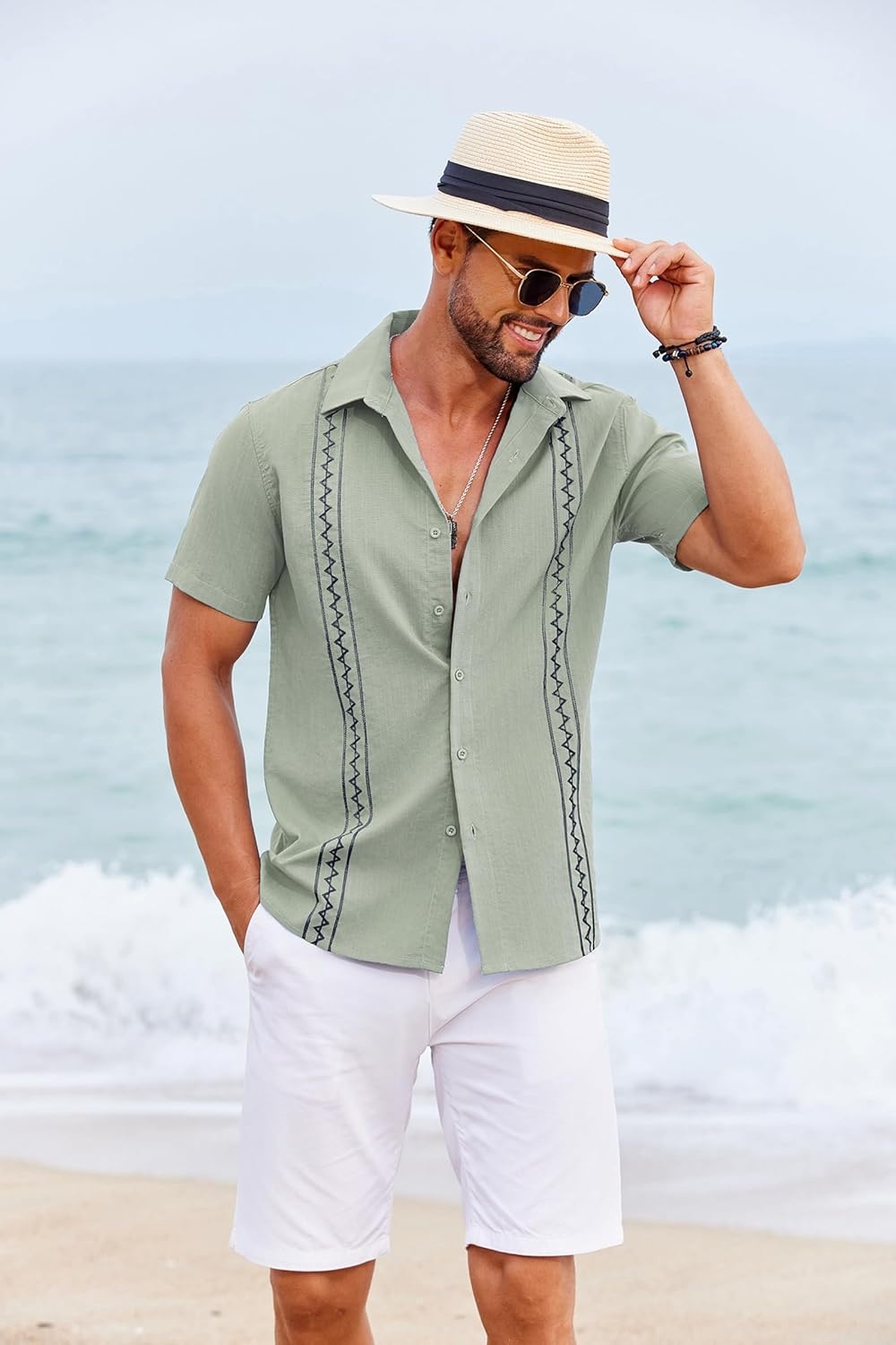 image:imageCOOFANDY Mens Cuban Guayabera Shirt Short Sleeve Casual Button Down Shirts Summer Beach Vacation ShirtsSage Green
