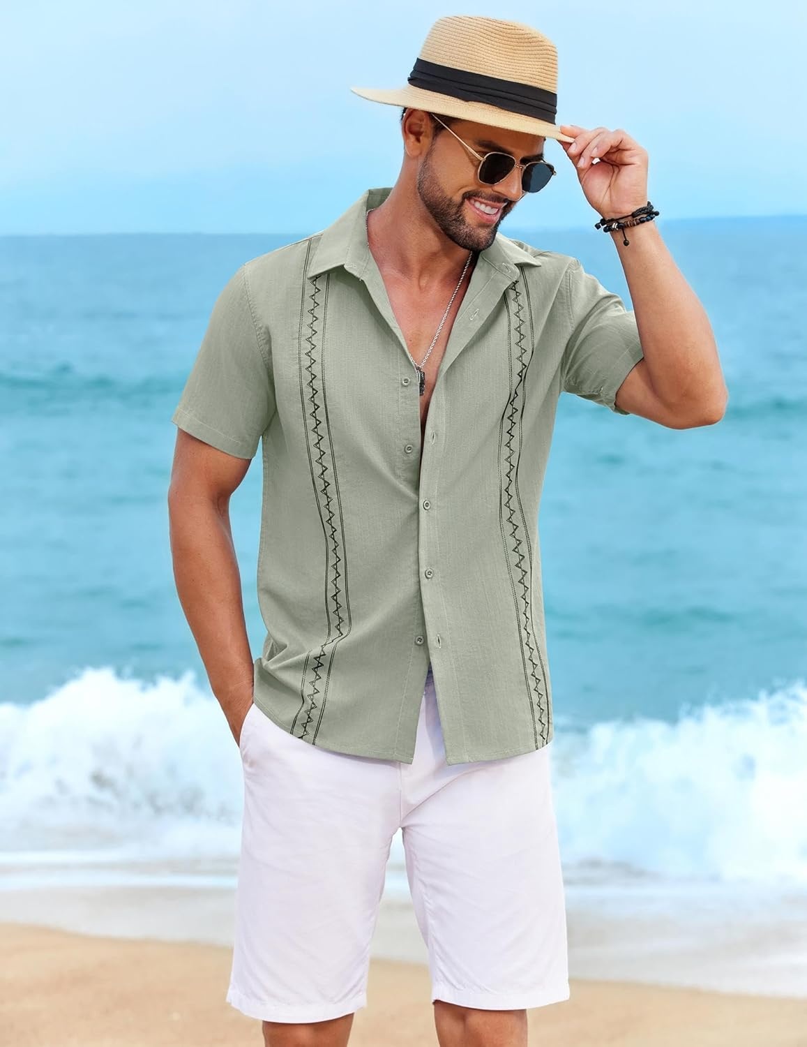 image:imageCOOFANDY Mens Cuban Guayabera Shirt Short Sleeve Casual Button Down Shirts Summer Beach Vacation ShirtsSage Green