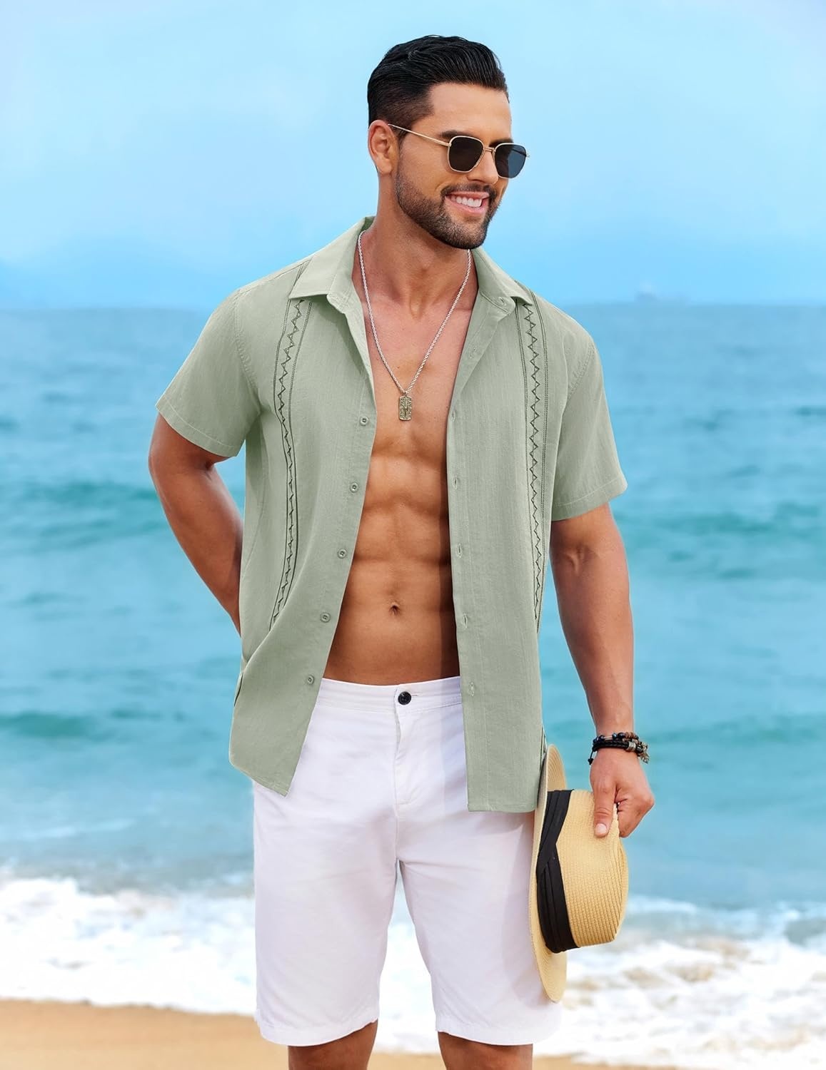 image:imageCOOFANDY Mens Cuban Guayabera Shirt Short Sleeve Casual Button Down Shirts Summer Beach Vacation ShirtsSage Green
