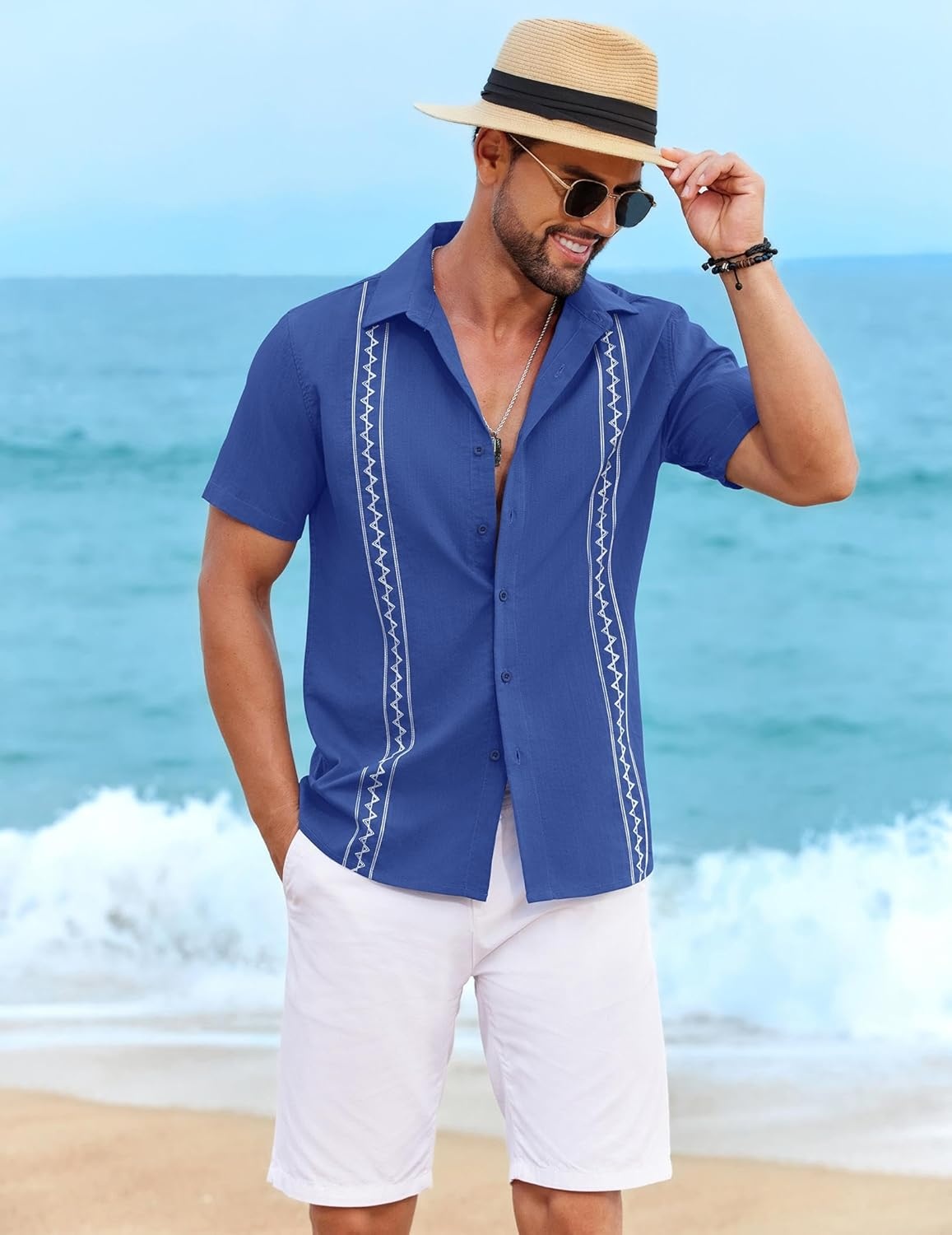 image:imageCOOFANDY Mens Cuban Guayabera Shirt Short Sleeve Casual Button Down Shirts Summer Beach Vacation ShirtsSky Blue