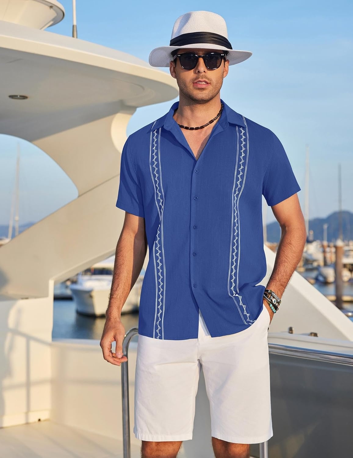 image:imageCOOFANDY Mens Cuban Guayabera Shirt Short Sleeve Casual Button Down Shirts Summer Beach Vacation ShirtsSky Blue