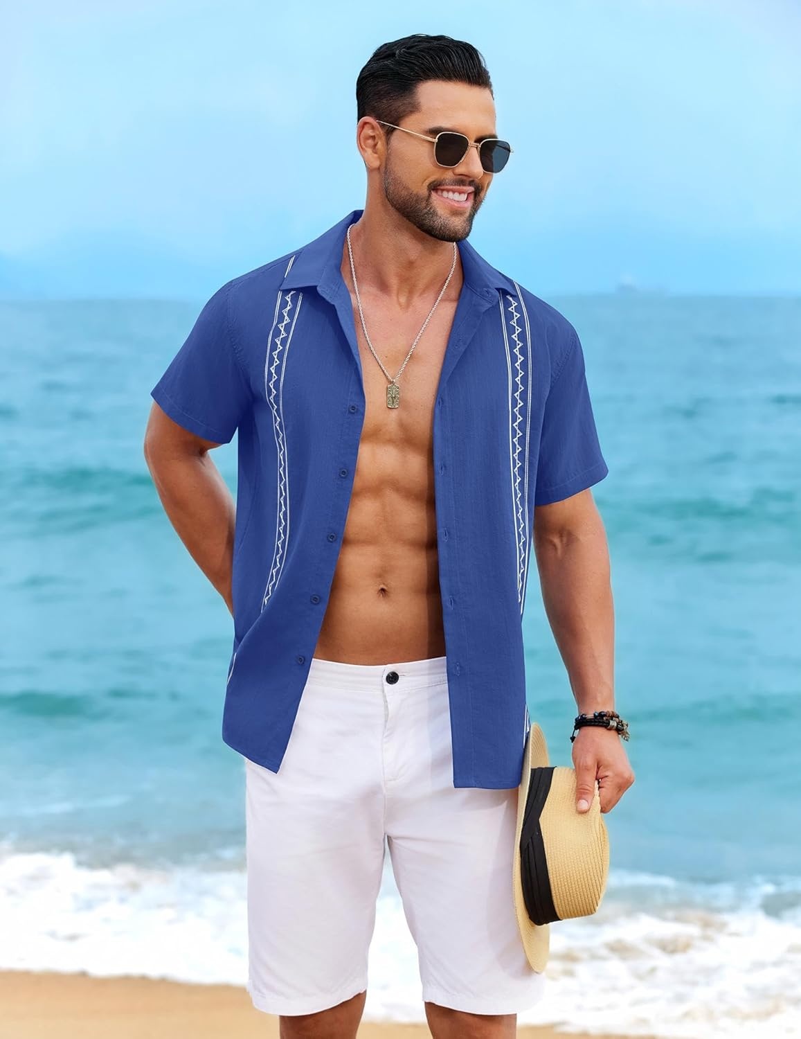 image:imageCOOFANDY Mens Cuban Guayabera Shirt Short Sleeve Casual Button Down Shirts Summer Beach Vacation ShirtsSky Blue