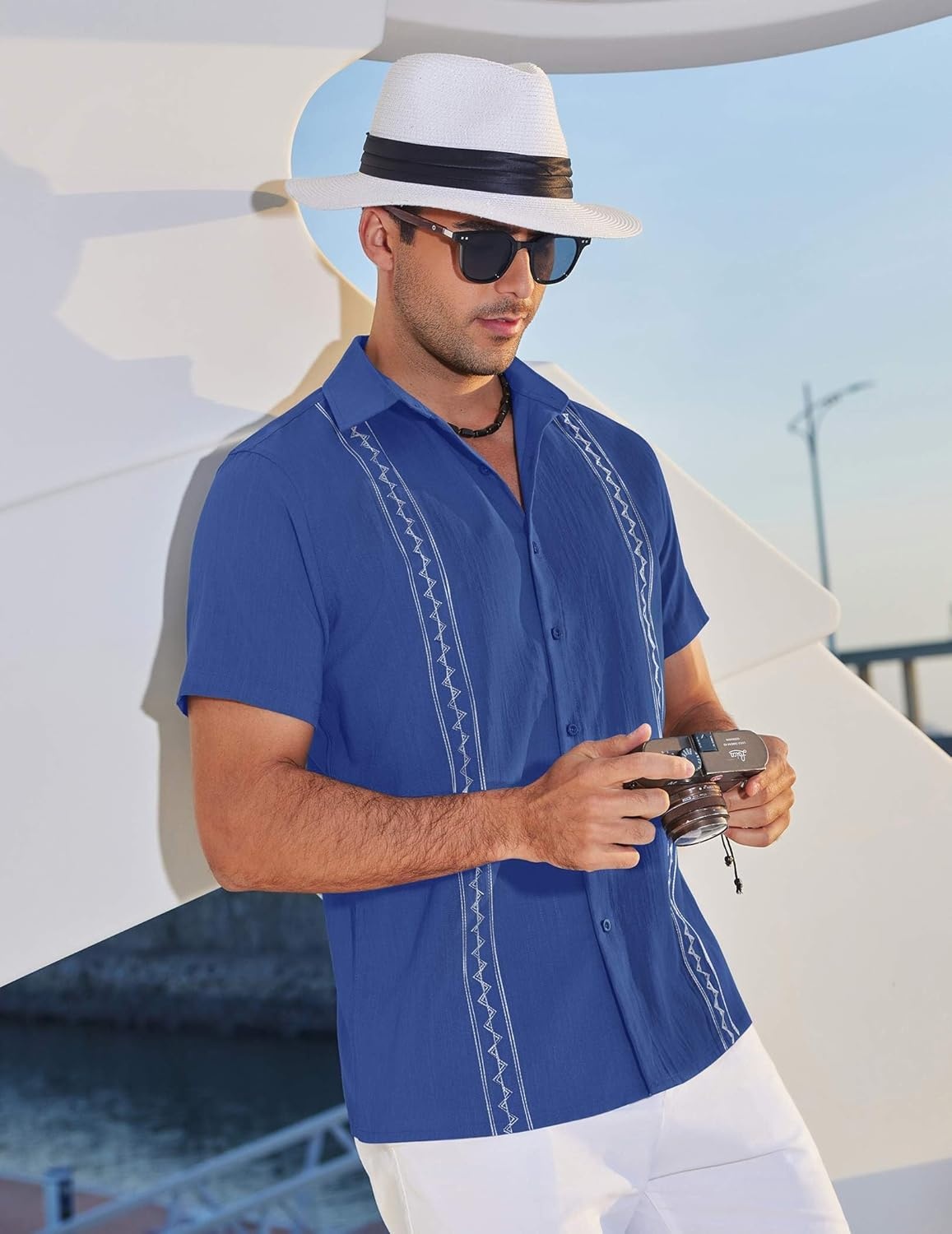 image:imageCOOFANDY Mens Cuban Guayabera Shirt Short Sleeve Casual Button Down Shirts Summer Beach Vacation ShirtsSky Blue