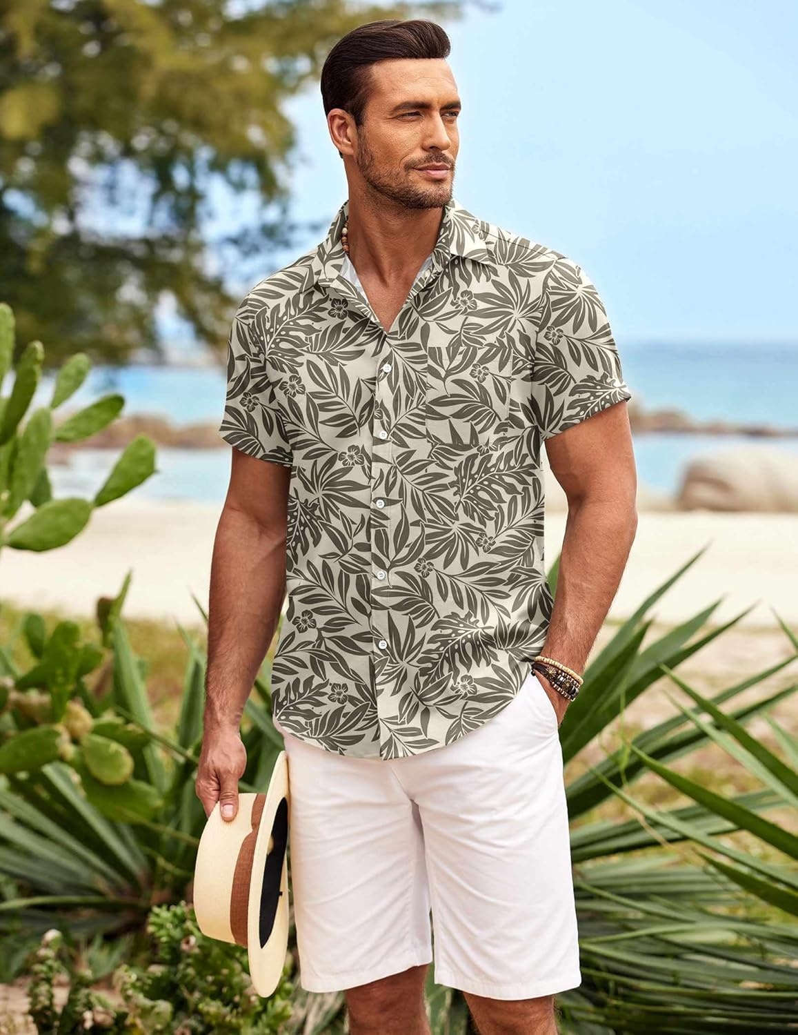 image:imageCOOFANDY Mens Hawaiian Shirt Short Sleeve Button Down Shirts Tropical Summer Beach Shirts Casual Floral Aloha ShirtsLight Yellow Leaves