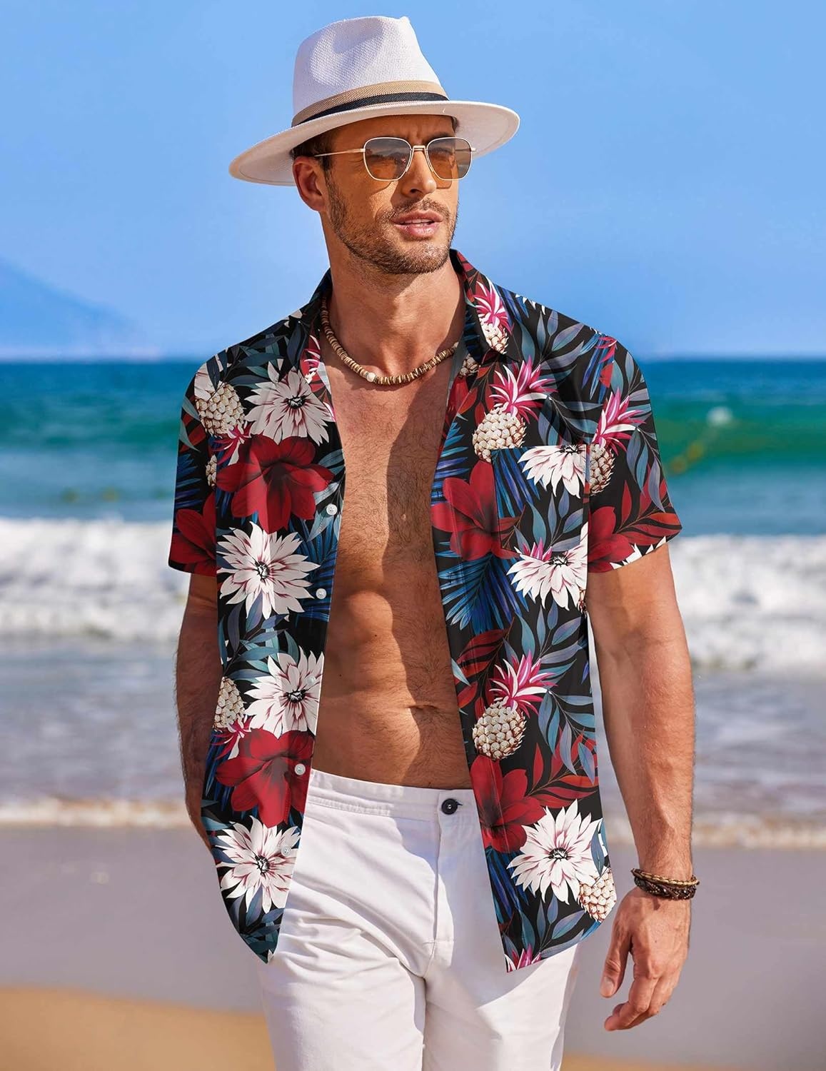 image:imageCOOFANDY Mens Hawaiian Shirt Short Sleeve Button Down Shirts Tropical Summer Beach Shirts Casual Floral Aloha ShirtsRed White Floral