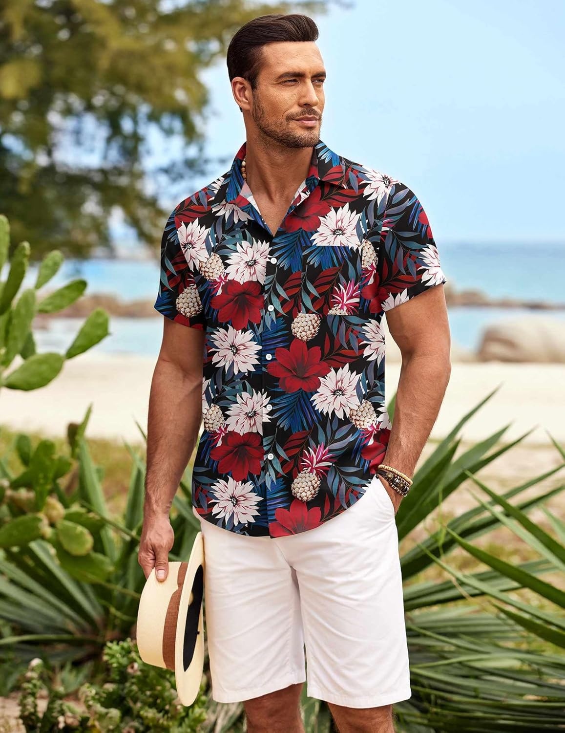image:imageCOOFANDY Mens Hawaiian Shirt Short Sleeve Button Down Shirts Tropical Summer Beach Shirts Casual Floral Aloha ShirtsRed White Floral