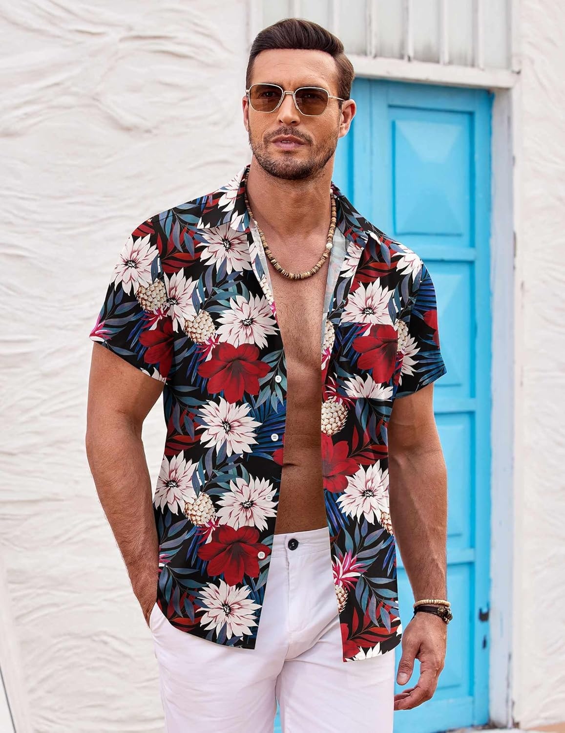 image:imageCOOFANDY Mens Hawaiian Shirt Short Sleeve Button Down Shirts Tropical Summer Beach Shirts Casual Floral Aloha ShirtsRed White Floral