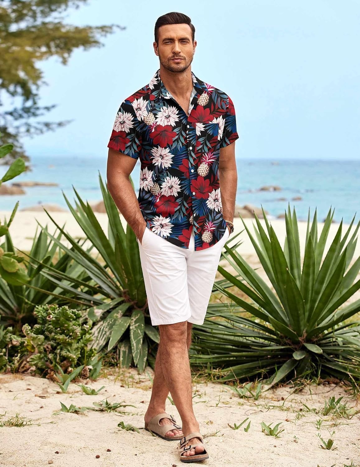 image:imageCOOFANDY Mens Hawaiian Shirt Short Sleeve Button Down Shirts Tropical Summer Beach Shirts Casual Floral Aloha ShirtsRed White Floral