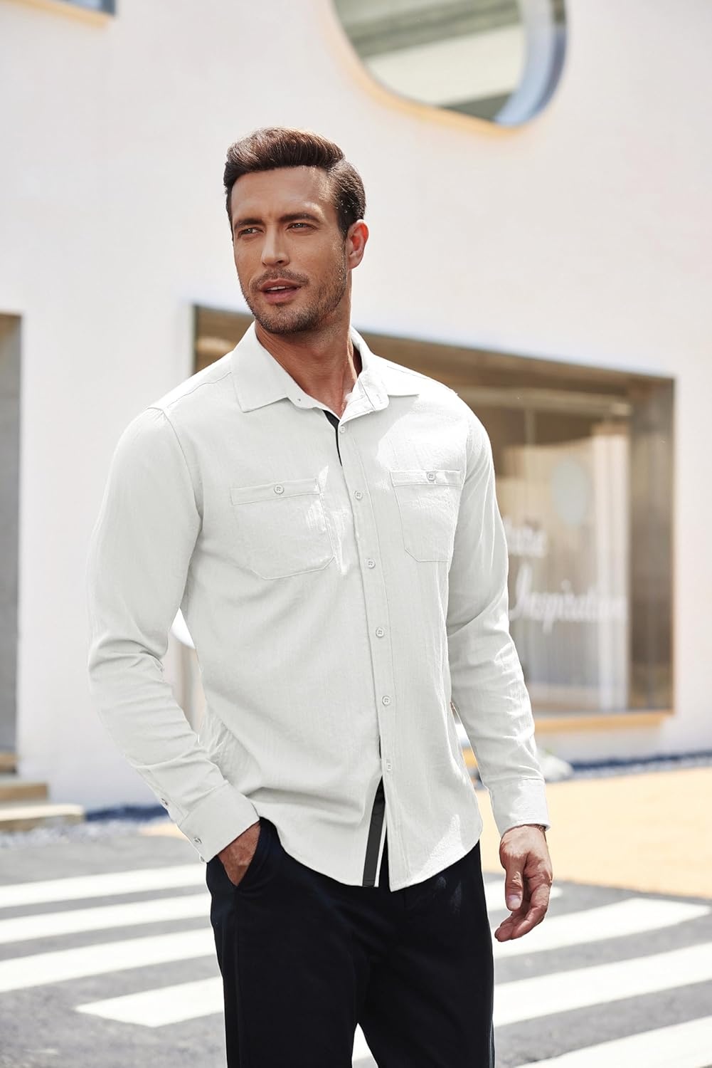 image:imageCOOFANDY Mens Linen Shirt Long Sleeve Button Up Shirt Casual Shirt for Men Winter Wedding Shirt White