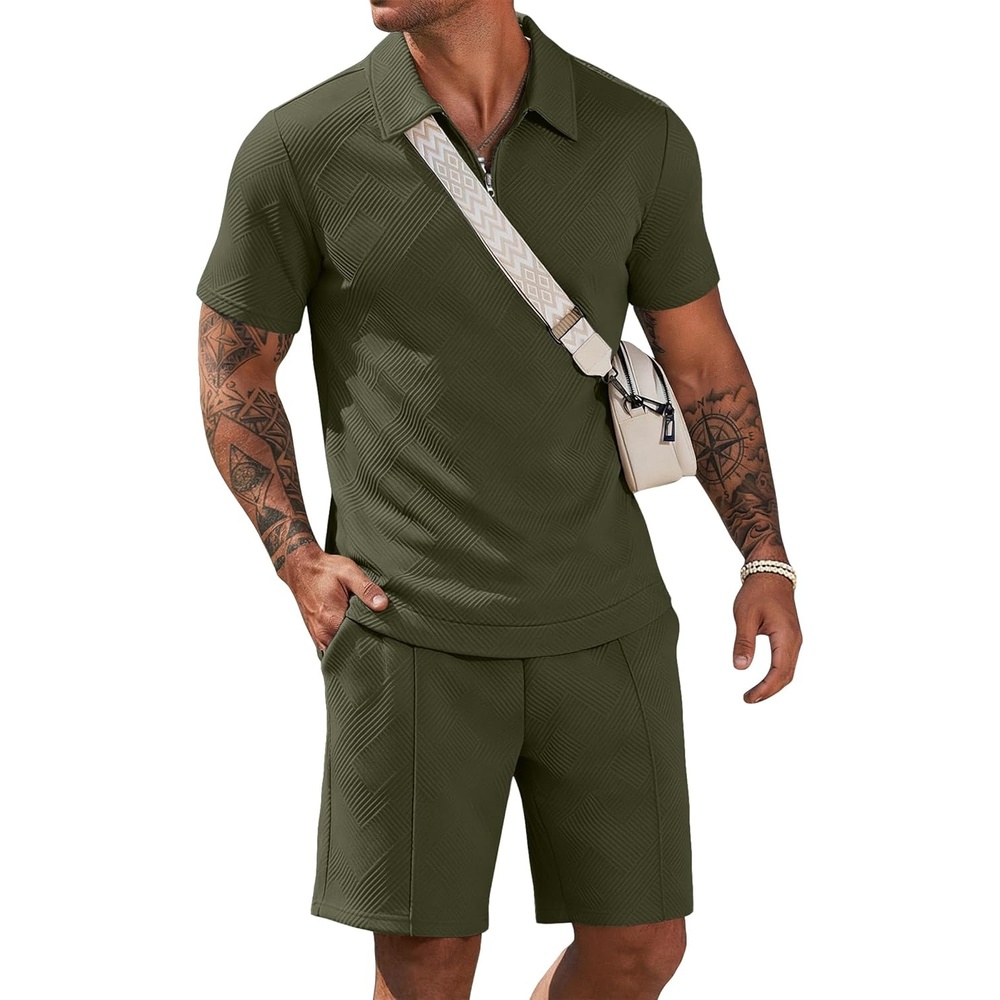 image:imageCOOFANDY Men Short Sets 2 Piece Outfits Casual Quarter Zip Polo Shorts Sets Textured Summer Outfits Fashion Tracksuit GolfArmy Green