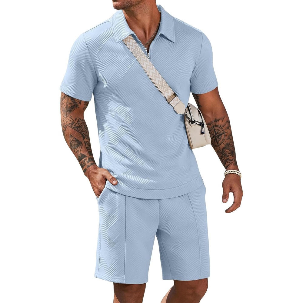 image:imageCOOFANDY Men Short Sets 2 Piece Outfits Casual Quarter Zip Polo Shorts Sets Textured Summer Outfits Fashion Tracksuit GolfLight Blue