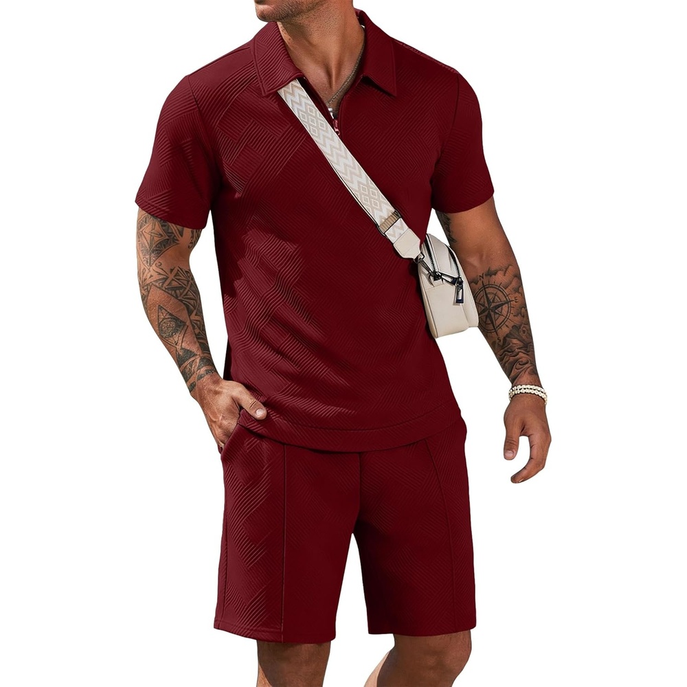 image:imageCOOFANDY Men Short Sets 2 Piece Outfits Casual Quarter Zip Polo Shorts Sets Textured Summer Outfits Fashion Tracksuit GolfWine Red