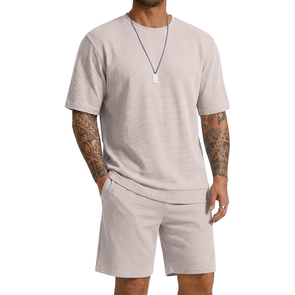 image:imageCOOFANDY Mens Cotton Waffle 2 Piece Outfits Casual Short Sleeve Shirts and Shorts Set Summer Jogging Tracksuit Lounge SetsBeige