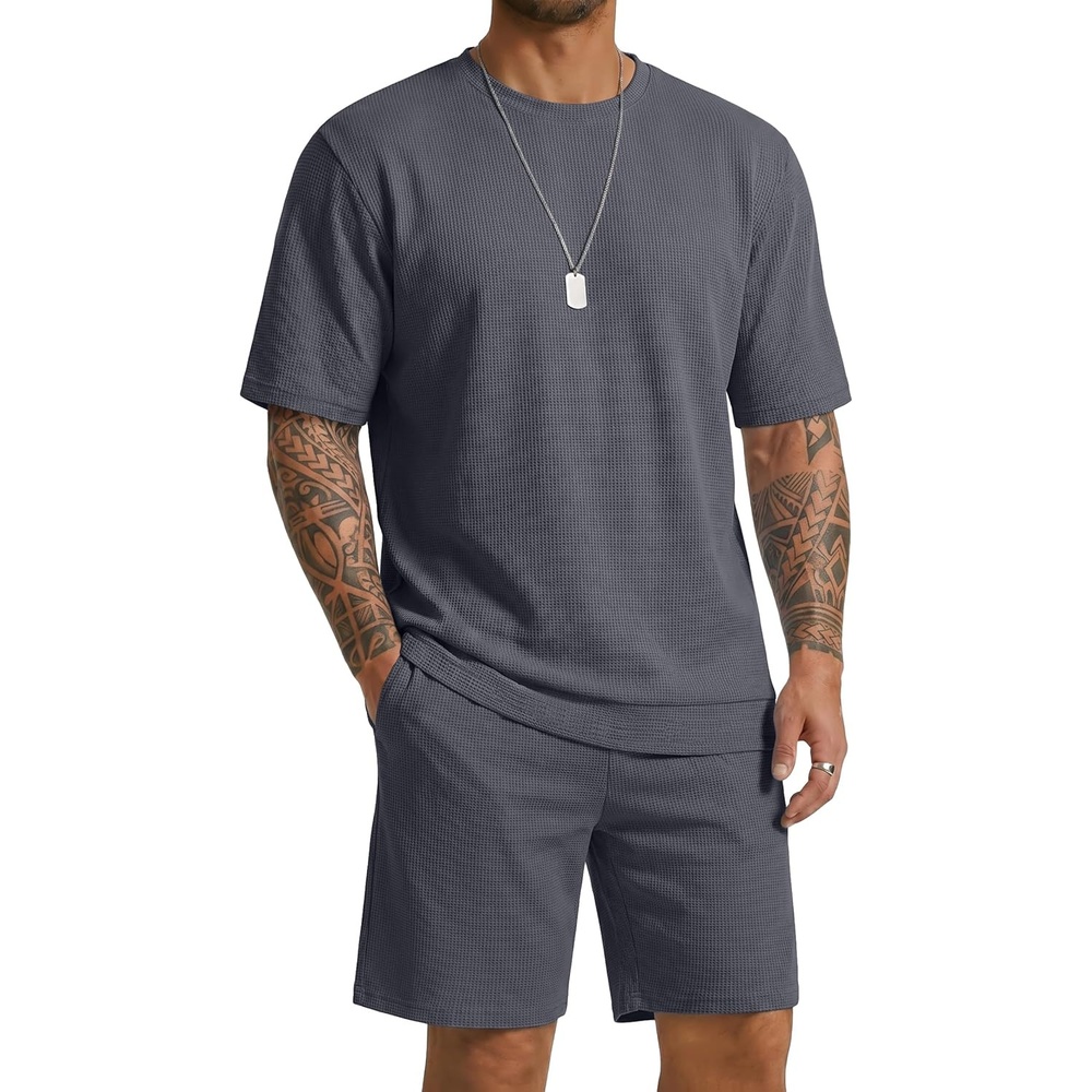 image:imageCOOFANDY Mens Cotton Waffle 2 Piece Outfits Casual Short Sleeve Shirts and Shorts Set Summer Jogging Tracksuit Lounge SetsDark Gray