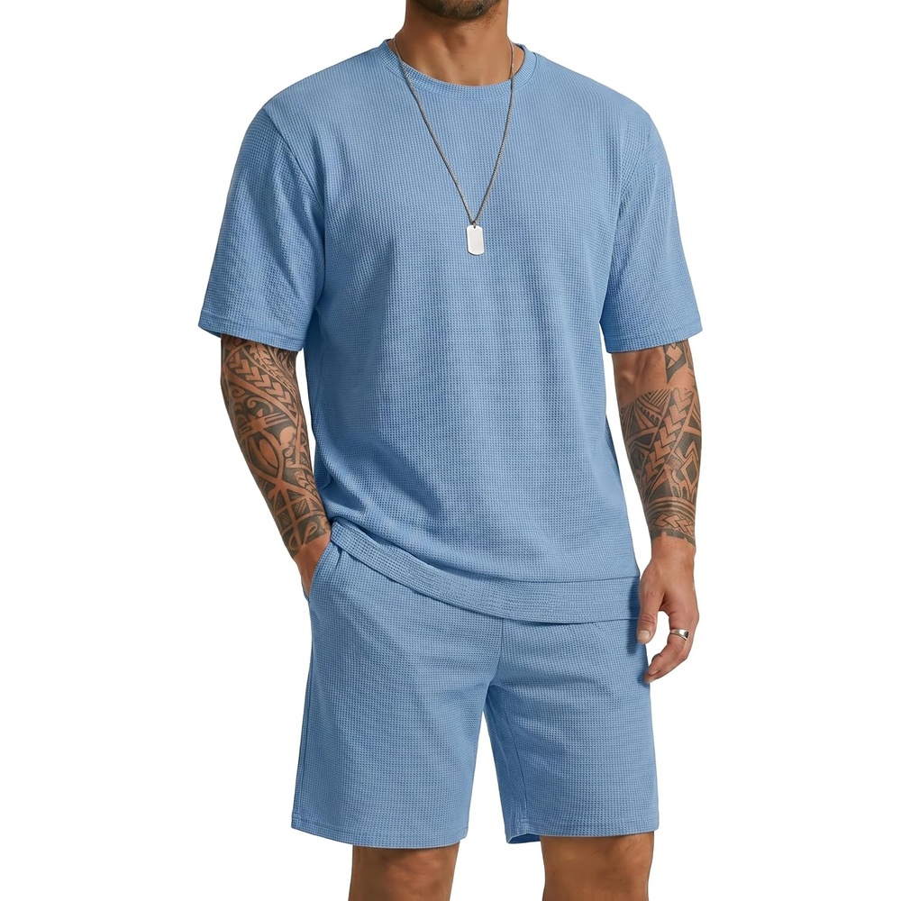 image:imageCOOFANDY Mens Cotton Waffle 2 Piece Outfits Casual Short Sleeve Shirts and Shorts Set Summer Jogging Tracksuit Lounge SetsLight Blue