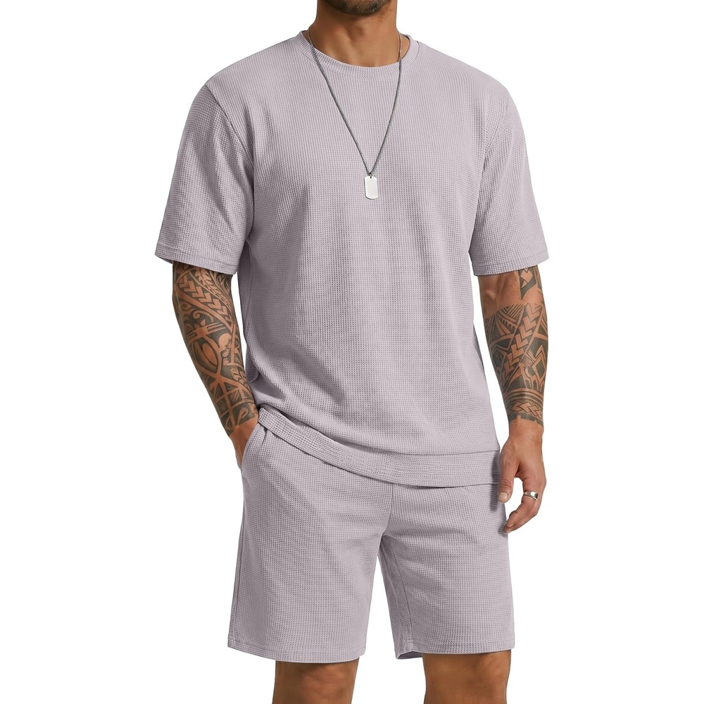 image:imageCOOFANDY Mens Cotton Waffle 2 Piece Outfits Casual Short Sleeve Shirts and Shorts Set Summer Jogging Tracksuit Lounge SetsLight Gray