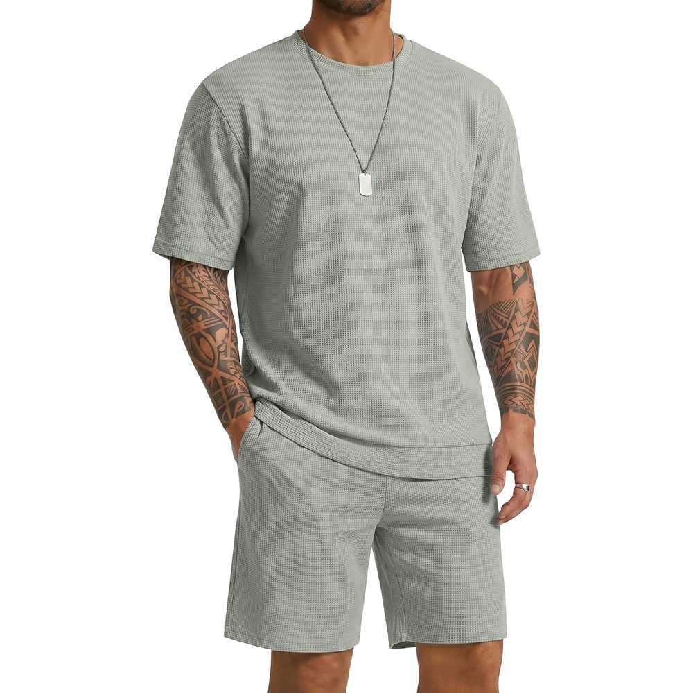 image:imageCOOFANDY Mens Cotton Waffle 2 Piece Outfits Casual Short Sleeve Shirts and Shorts Set Summer Jogging Tracksuit Lounge SetsLight Green