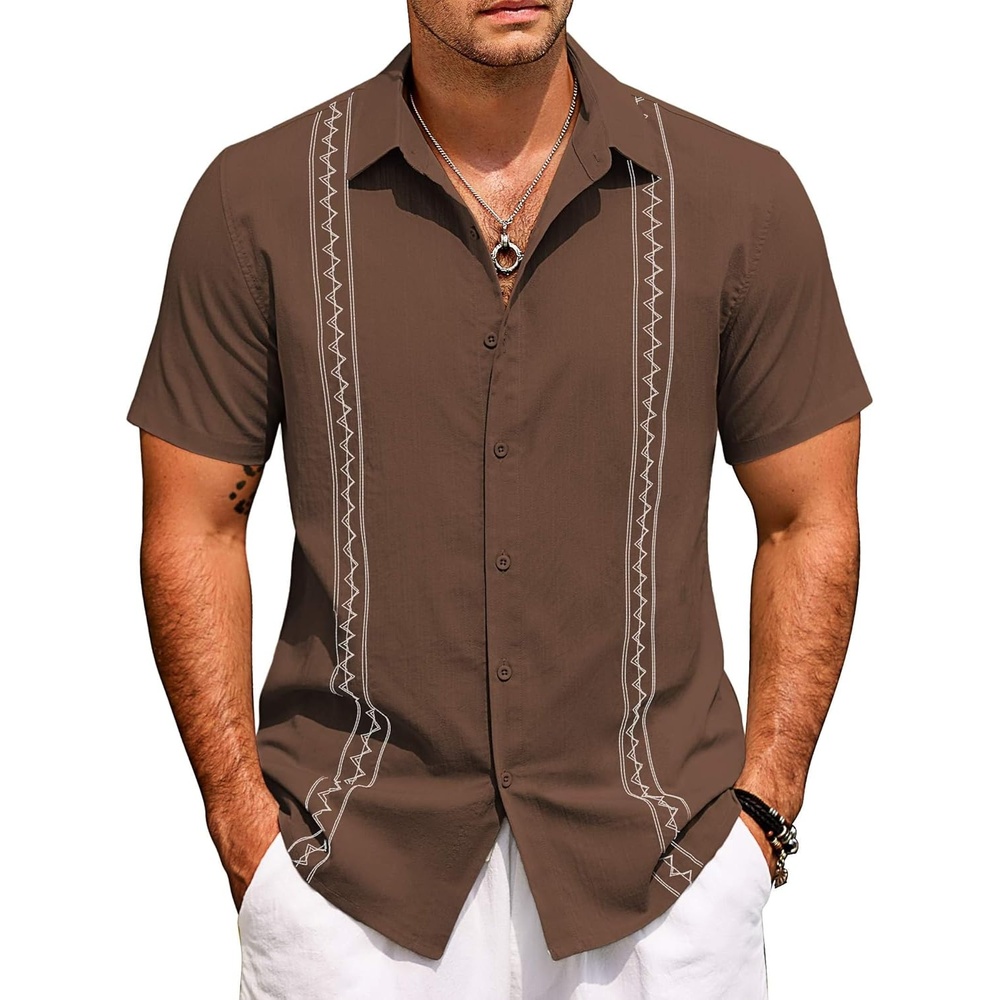 image:imageCOOFANDY Mens Cuban Guayabera Shirt Short Sleeve Casual Button Down Shirts Summer Beach Vacation ShirtsBrown