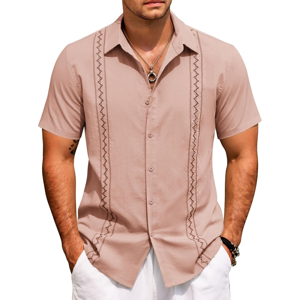 image:imageCOOFANDY Mens Cuban Guayabera Shirt Short Sleeve Casual Button Down Shirts Summer Beach Vacation ShirtsDusty Rose