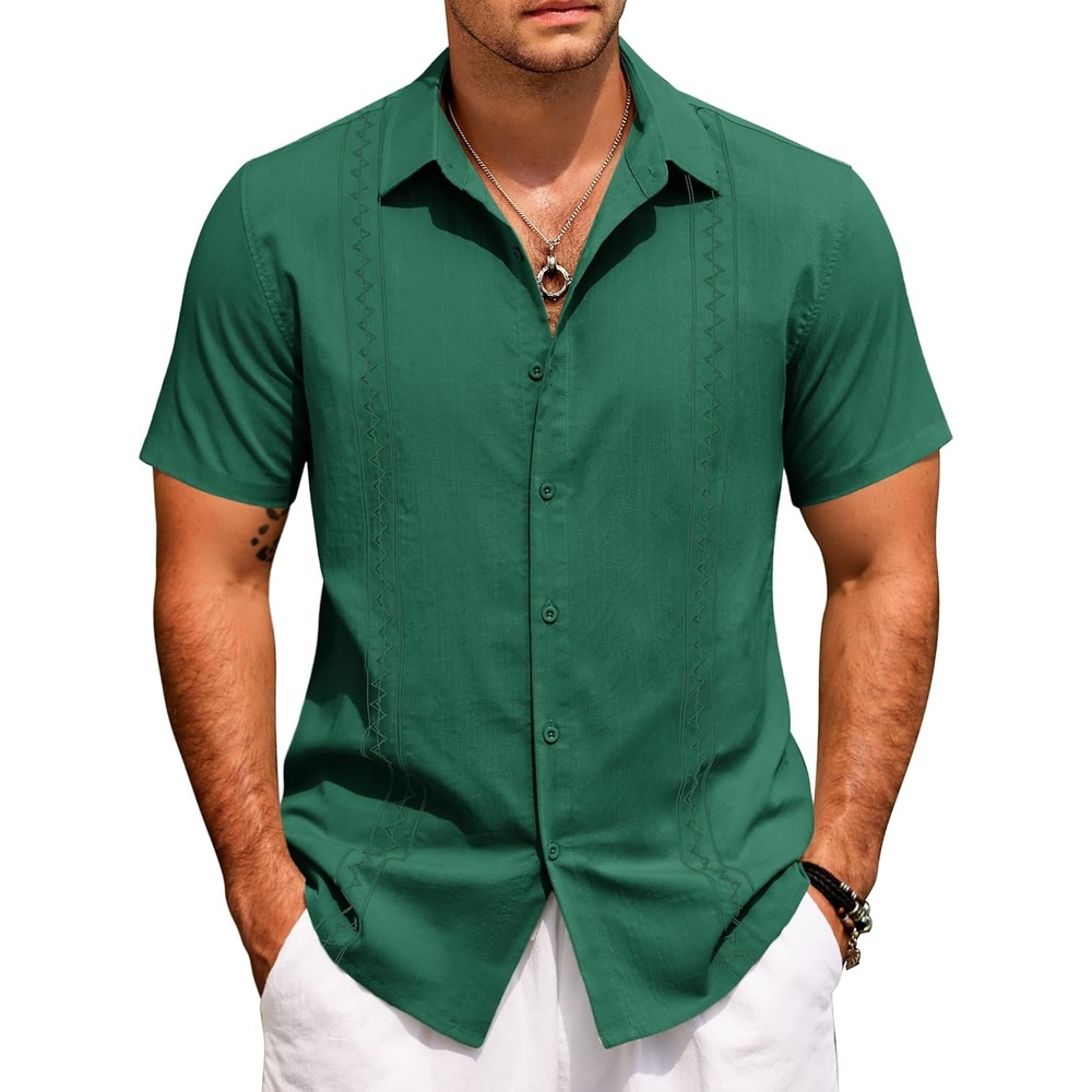 image:imageCOOFANDY Mens Cuban Guayabera Shirt Short Sleeve Casual Button Down Shirts Summer Beach Vacation ShirtsForest Green