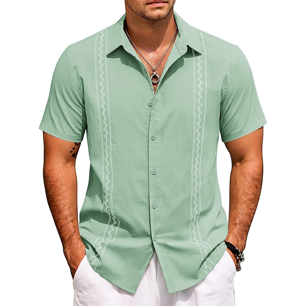 image:imageCOOFANDY Mens Cuban Guayabera Shirt Short Sleeve Casual Button Down Shirts Summer Beach Vacation ShirtsLight Green