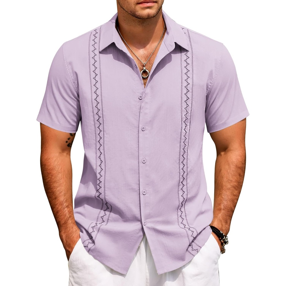 image:imageCOOFANDY Mens Cuban Guayabera Shirt Short Sleeve Casual Button Down Shirts Summer Beach Vacation ShirtsLilac
