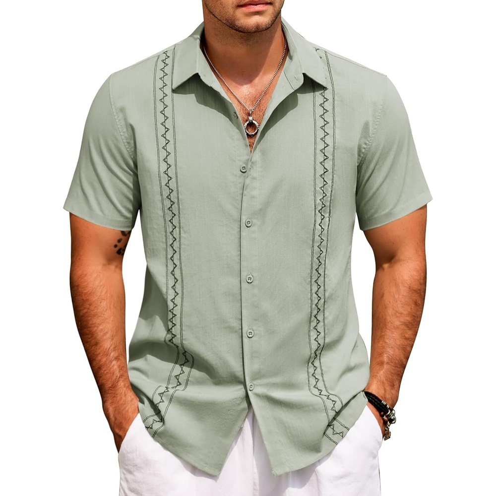 image:imageCOOFANDY Mens Cuban Guayabera Shirt Short Sleeve Casual Button Down Shirts Summer Beach Vacation ShirtsSage Green