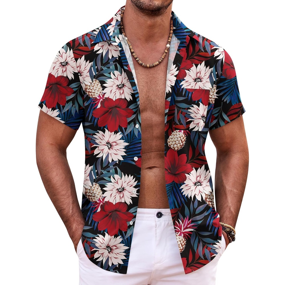 image:imageCOOFANDY Mens Hawaiian Shirt Short Sleeve Button Down Shirts Tropical Summer Beach Shirts Casual Floral Aloha ShirtsRed White Floral