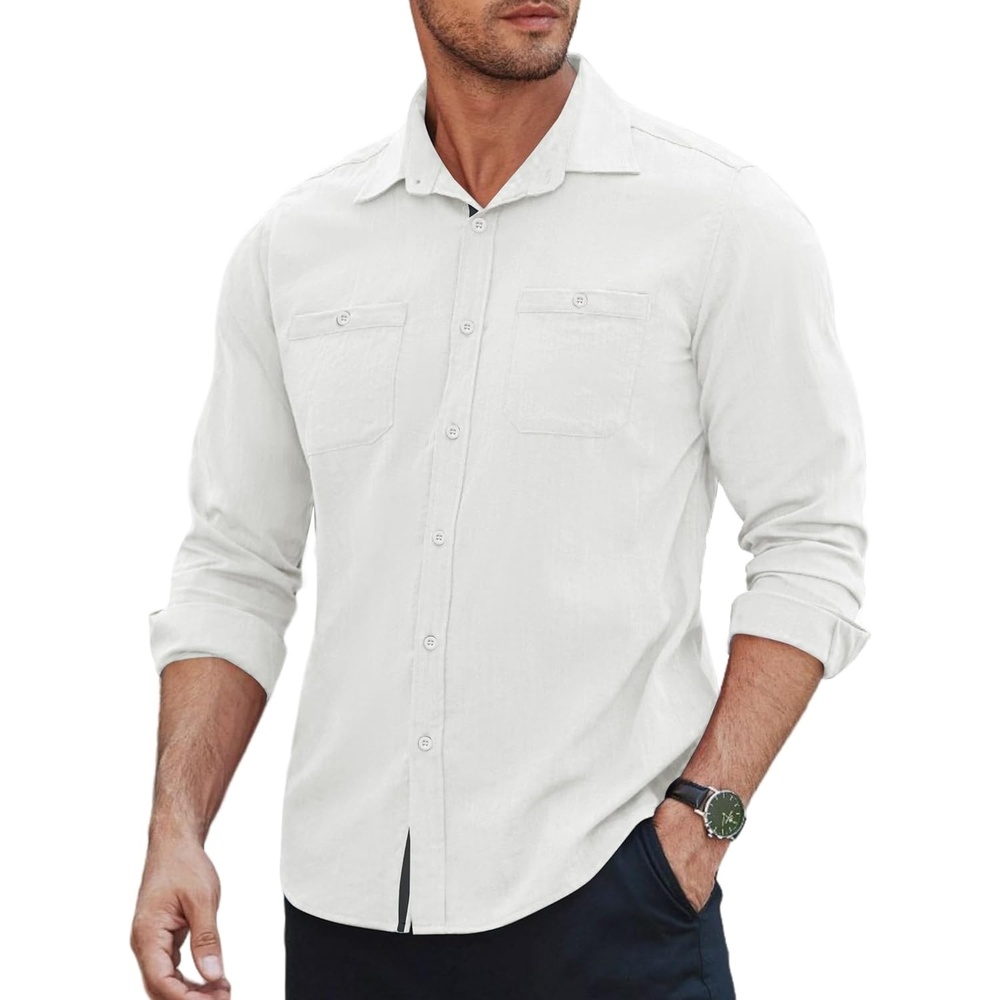 image:imageCOOFANDY Mens Linen Shirt Long Sleeve Button Up Shirt Casual Shirt for Men Winter Wedding Shirt White