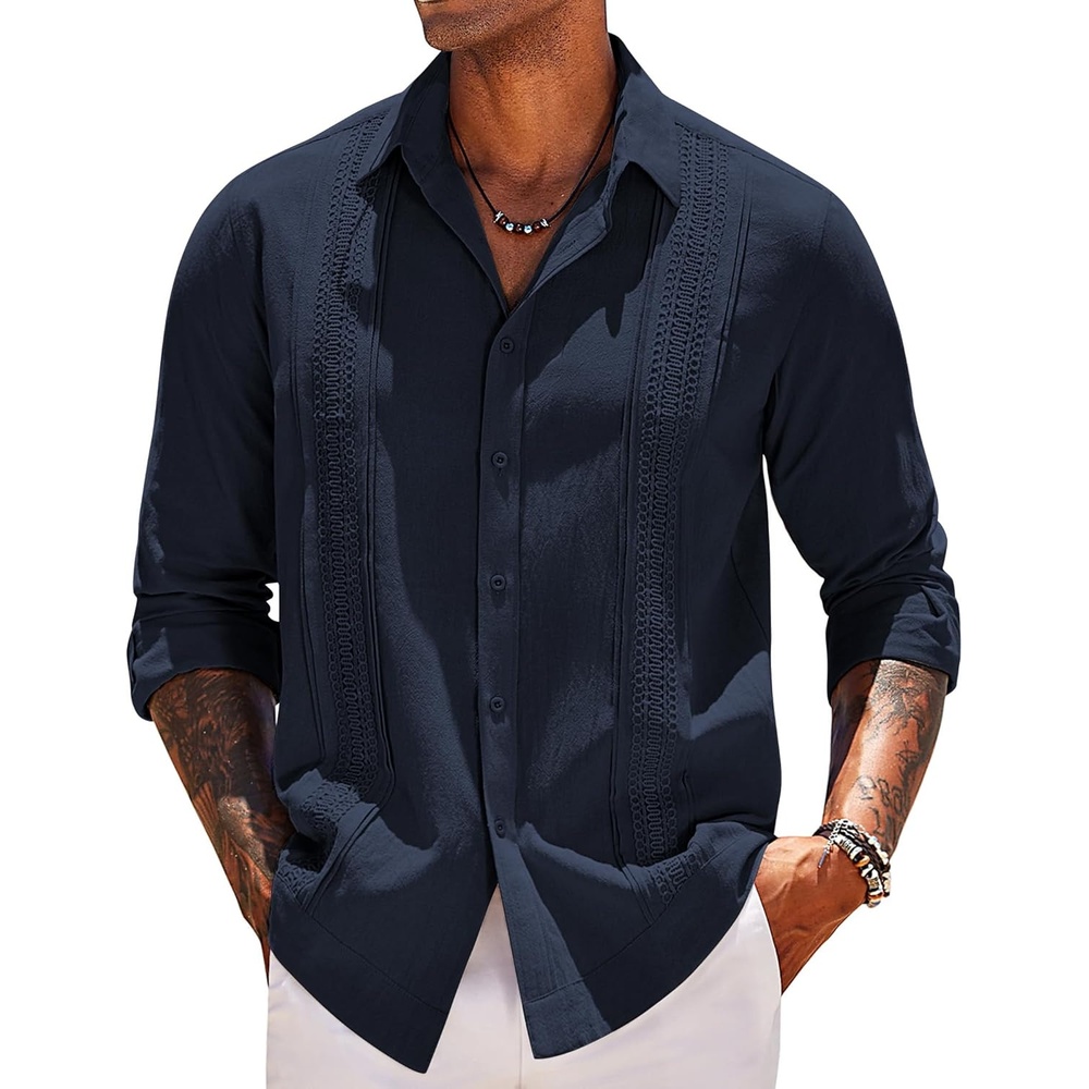 image:imageCOOFANDY Mens Shirt Long Sleeve Casual Shirt for Men Beach Wedding Outfit Navy Blue