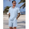 COOFANDY Men Short Sets 2 Piece Outfits Casual Quarter Zip Polo Shorts Sets Textured Summer Outfits Fashion Tracksuit Golf(Light Blue)