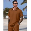 COOFANDY Men Short Sets 2 Piece Outfits Casual Quarter Zip Polo Shorts Sets Textured Summer Outfits Fashion Tracksuit Golf(Light Brown)