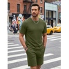 COOFANDY Men’s Cotton Waffle 2 Piece Outfits Casual Short Sleeve Shirts and Shorts Set Summer Jogging Tracksuit Lounge Sets(Military Green)